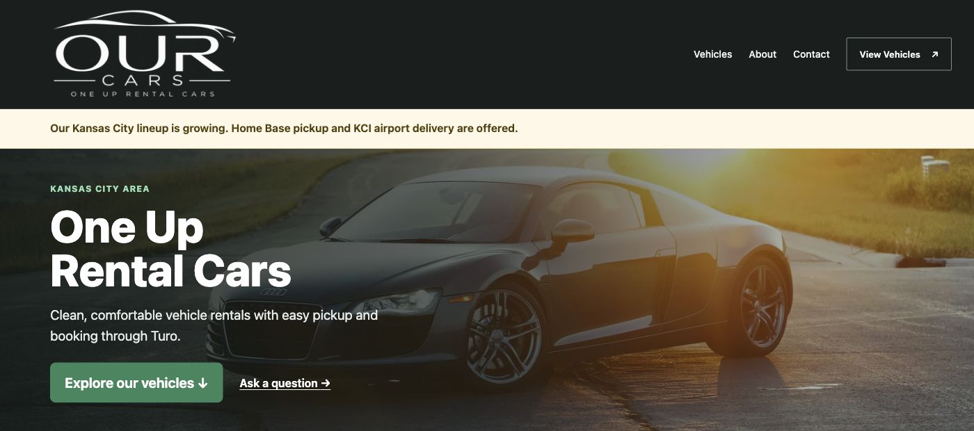 One Up Rental Cars website with its OUR Cars identity and vehicle photography